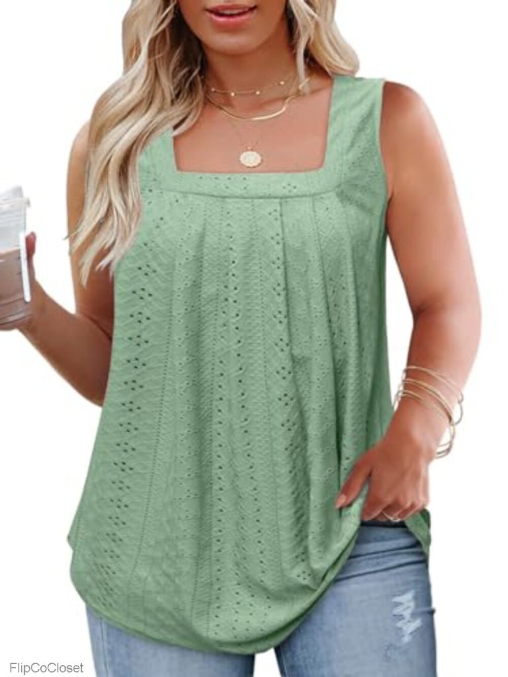 Women's Plus Size Tank Top Sleeveless Pleated Square Neck Eyelet Flowy Tunic Top